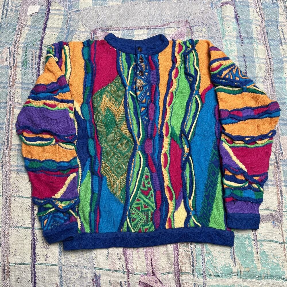 Coogi Australia Multi Color 3D Textured Knit WOOL Sweater Mens Large Vintage